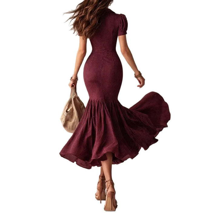 Back view of maroon pinstripe mermaid midi dress