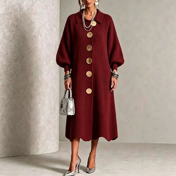 Wine red ribbed knit sweater dress, front view