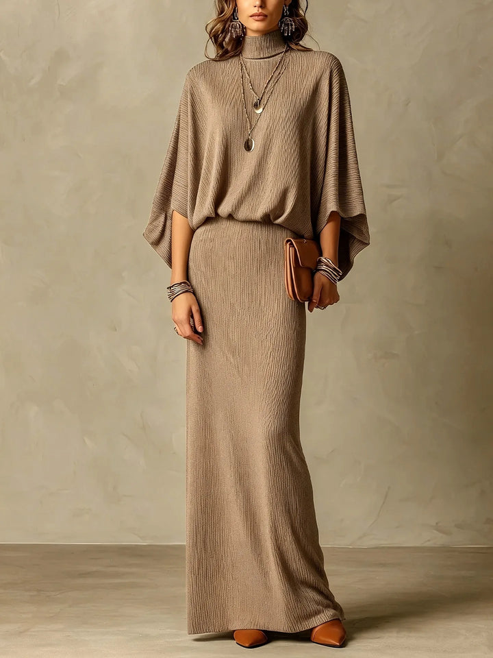 Woman wearing light brown ribbed knit two piece skirt set