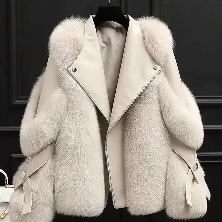 Off white faux fur moto jacket with notched lapel, front view