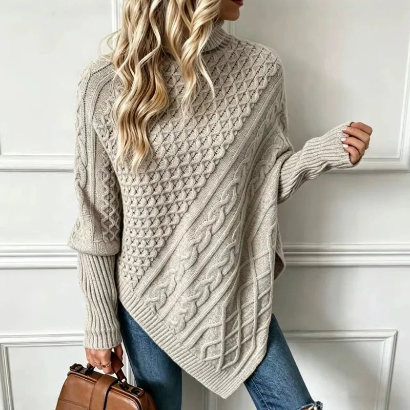 Apricot cable knit poncho sweater, back view