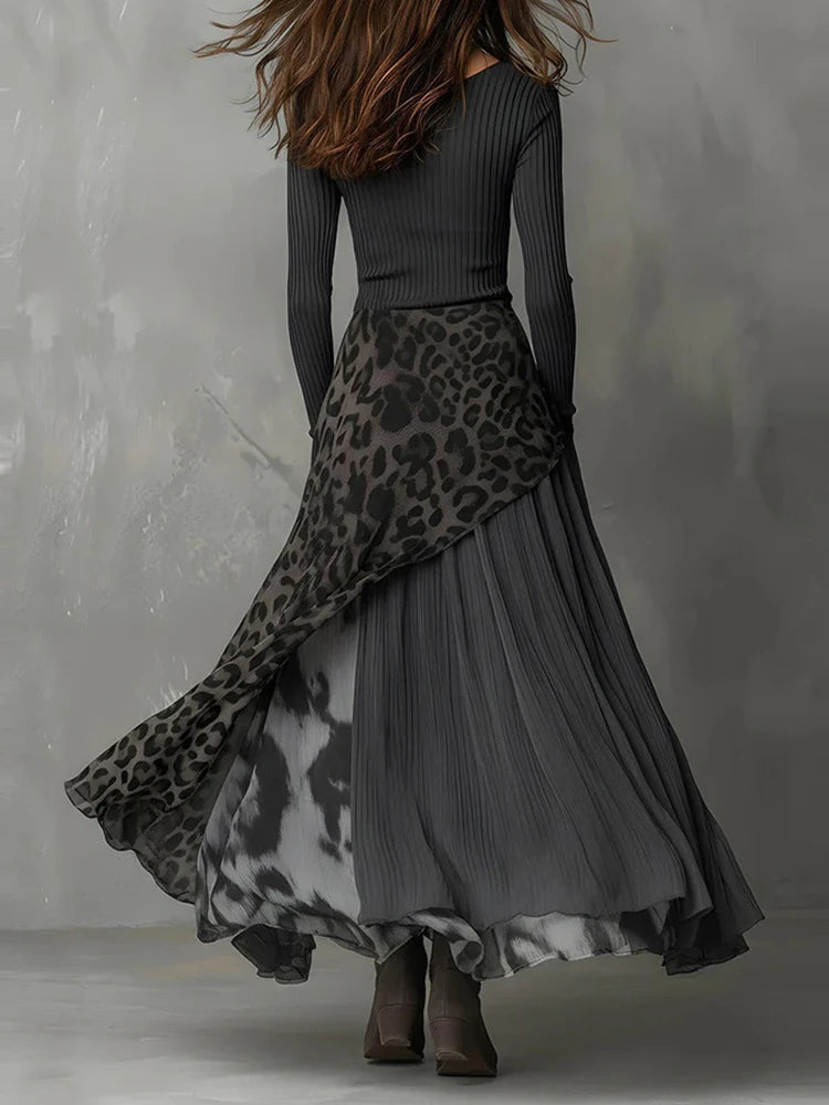 Back view of gray ribbed maxi dress with leopard print patchwork skirt