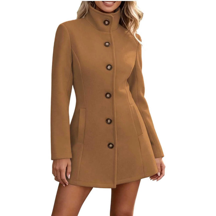 Camel colored stand collar wool coat with button front