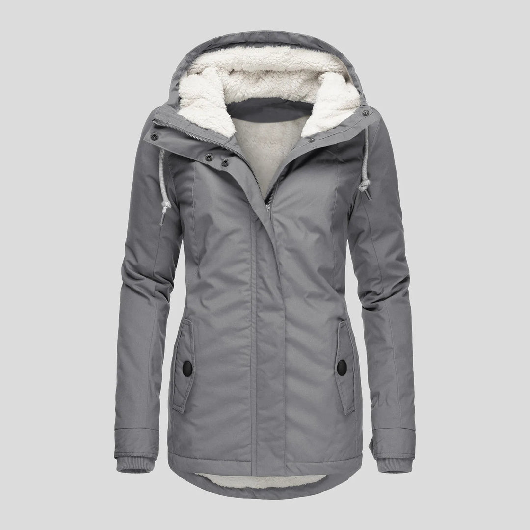 Gray hooded parka jacket with sherpa lined hood, front view