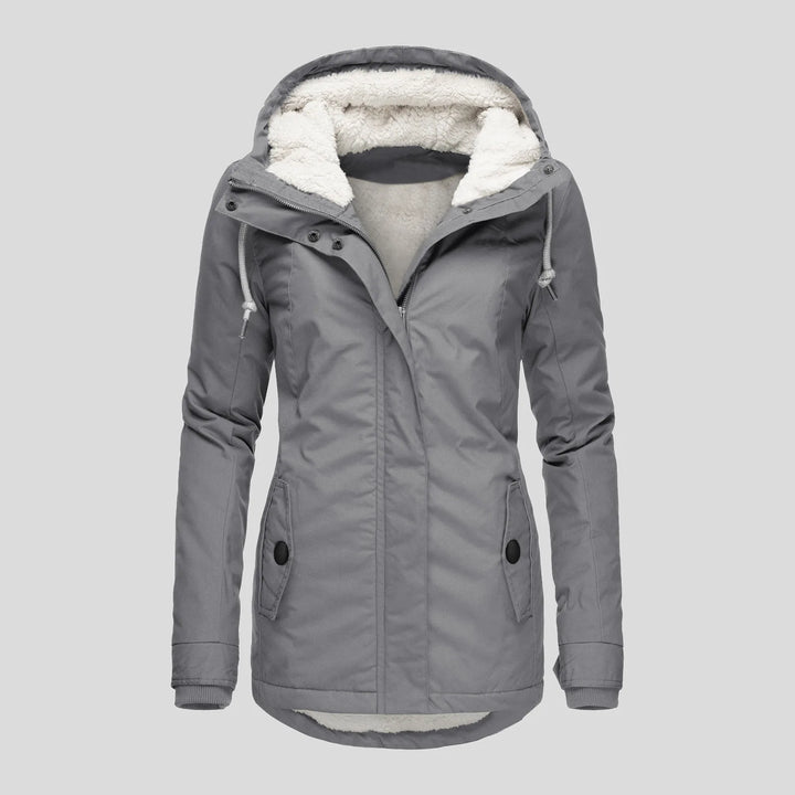 Gray hooded parka jacket with sherpa lined hood, front view