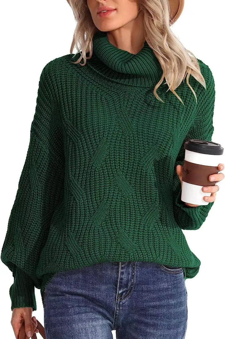 Woman wearing green cable knit turtleneck sweater holding coffee