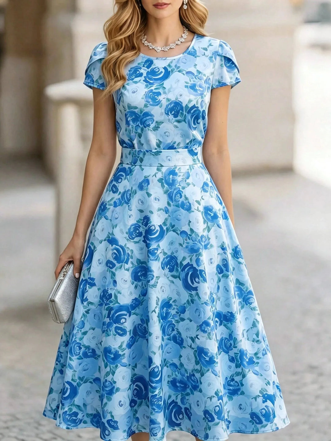 Rosalie Elegant Floral Short Sleeve Midi Dress