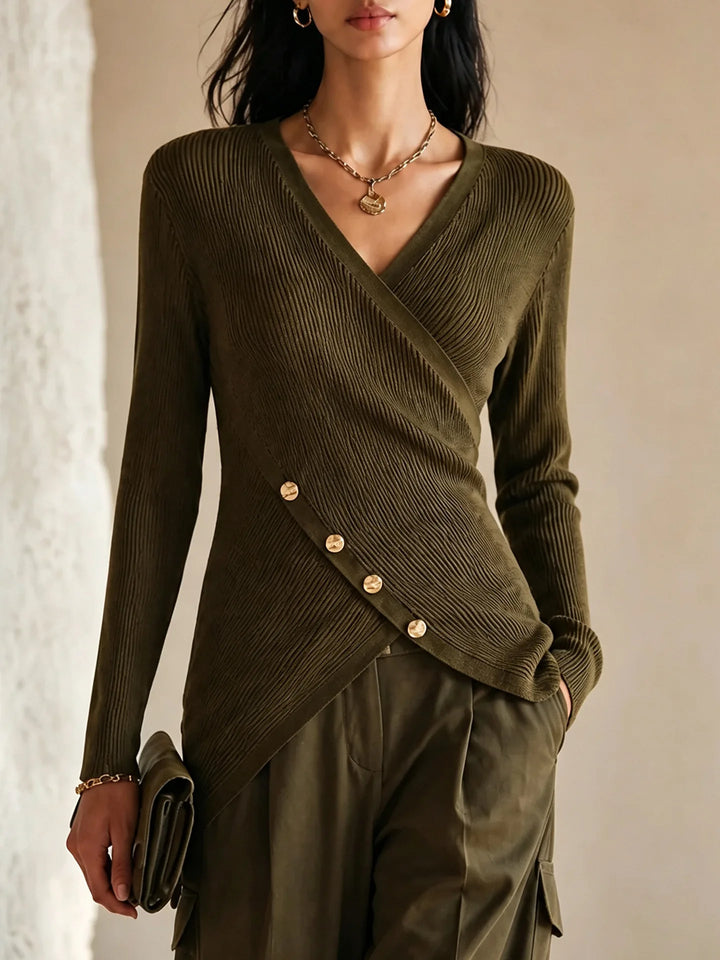 Close-up of olive green wrap-front ribbed knit top with gold button detail