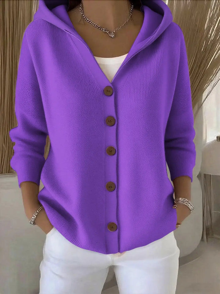 Purple hooded button front knit cardigan, front view