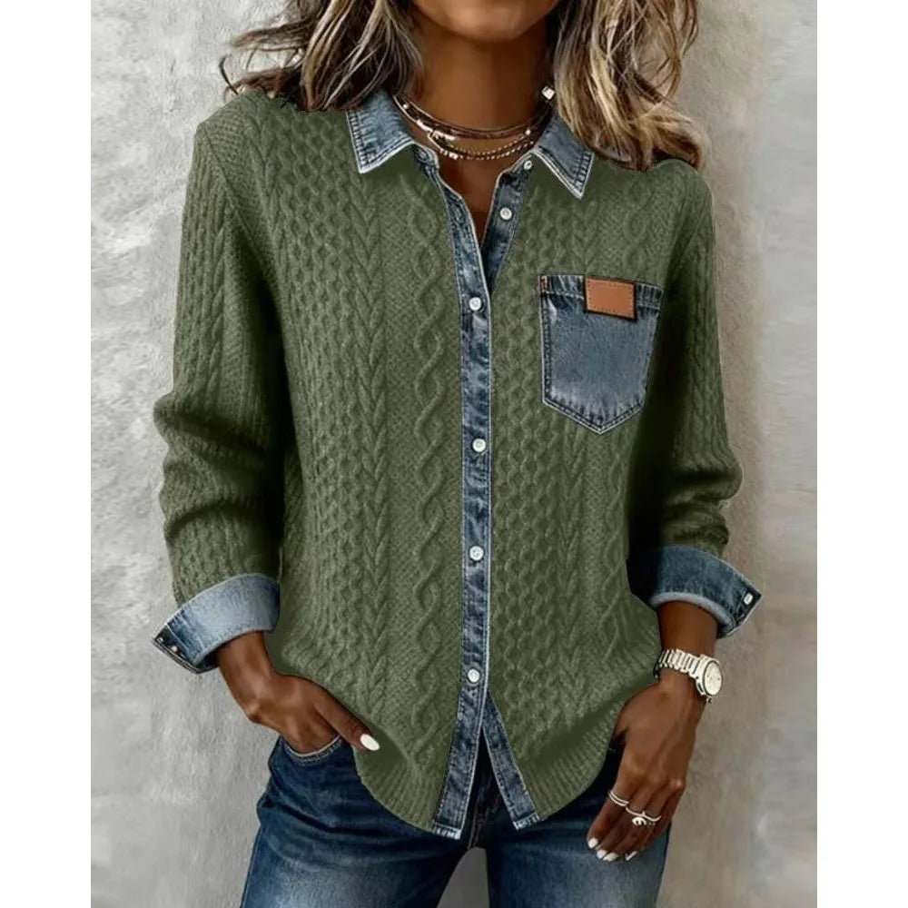 Green cable knit shirt jacket with denim collar and pocket