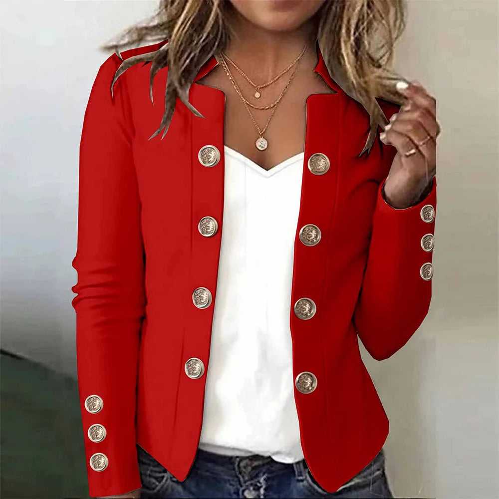 Red blazer with gold button detail worn open