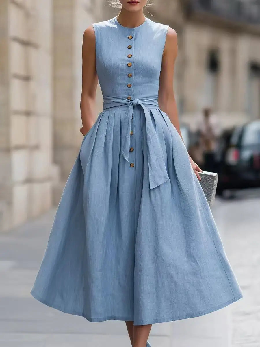 Harper Elegant Tie Waist Linen Midi Dress