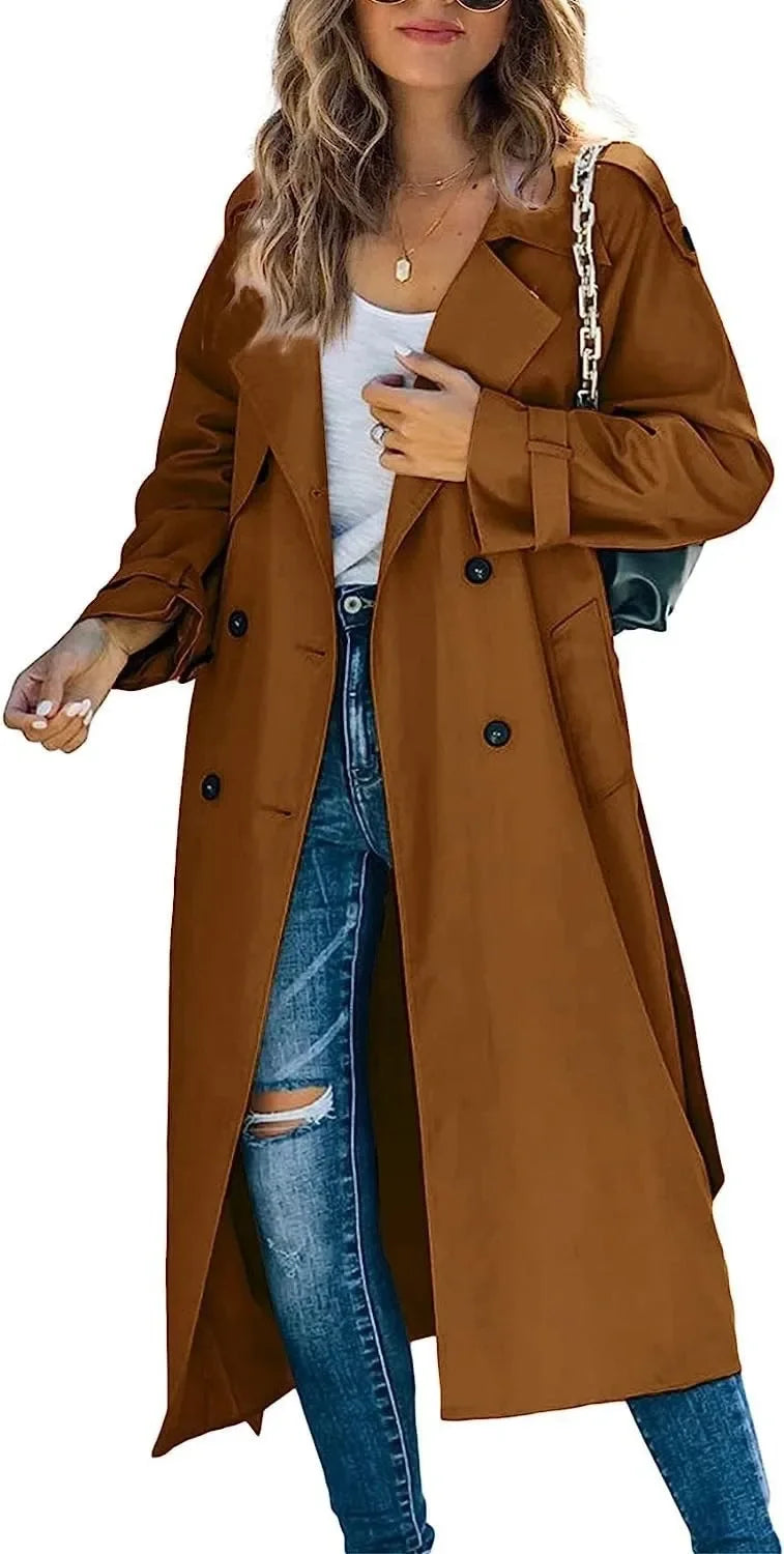 Woman wearing brown oversized double breasted trench coat