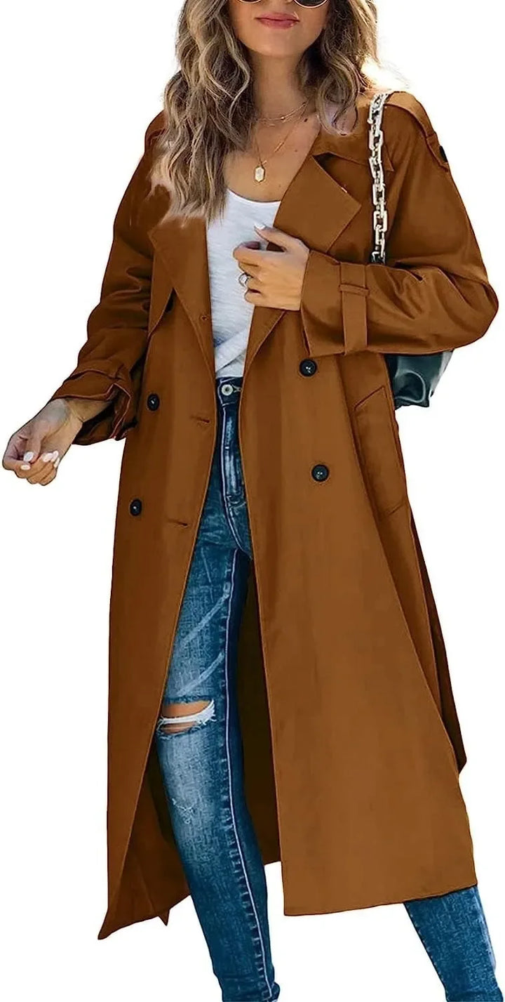 Woman wearing brown oversized double breasted trench coat