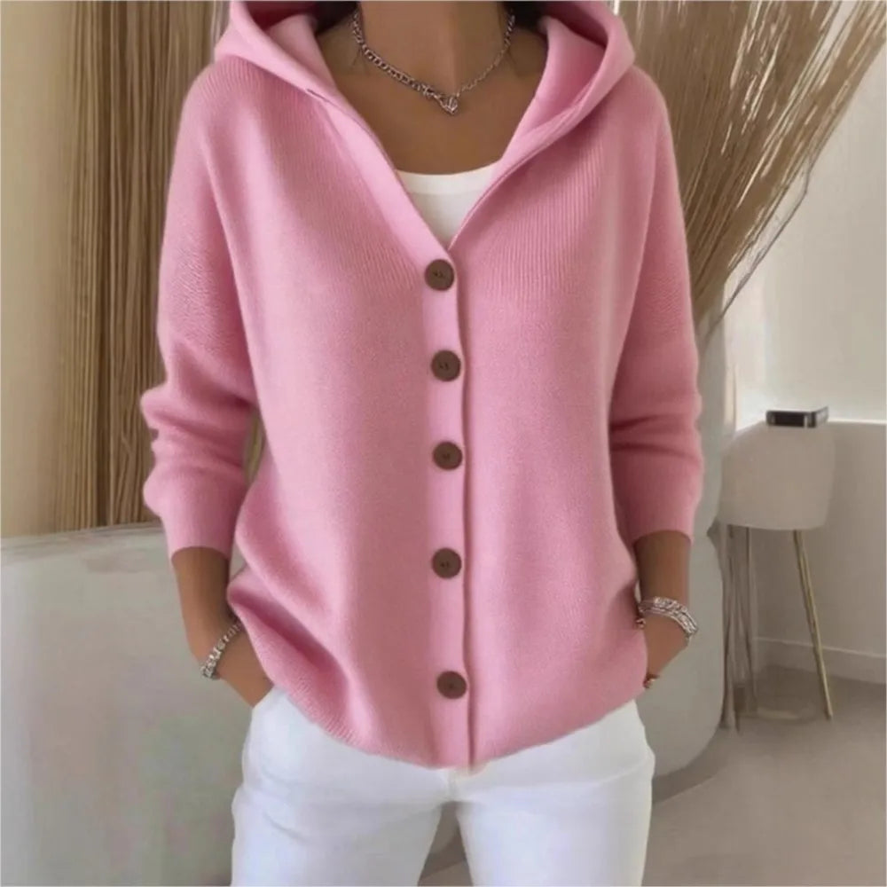 Pink hooded button front knit cardigan, front view