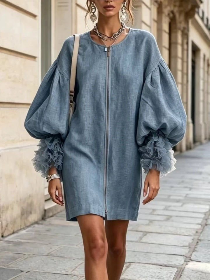 Blue mini dress with balloon sleeves and ruffle cuffs