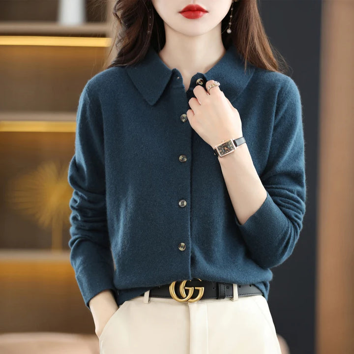 Teal blue polo collar knit cardigan, front view