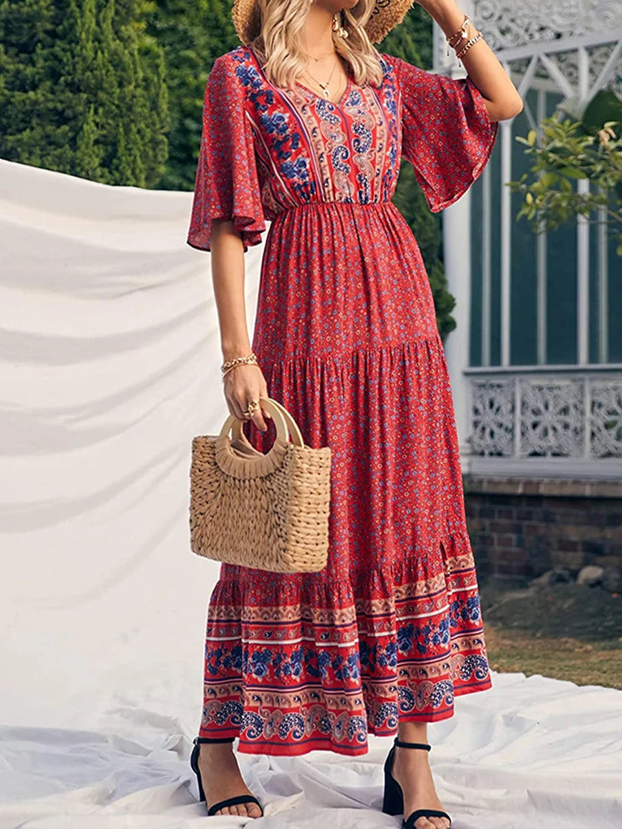 Elara Flowy Boho Print V Neck Maxi Dress