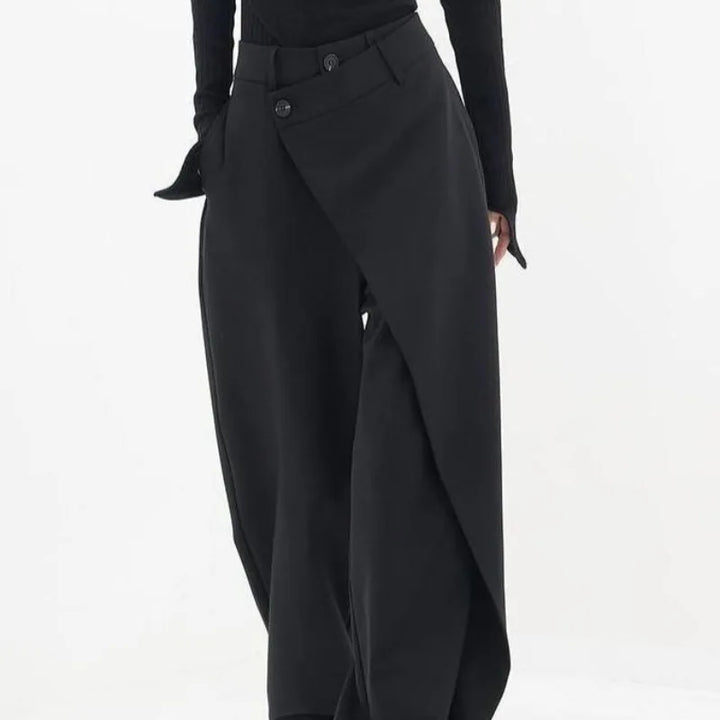 Black wide leg trousers with asymmetric wrap front, front view