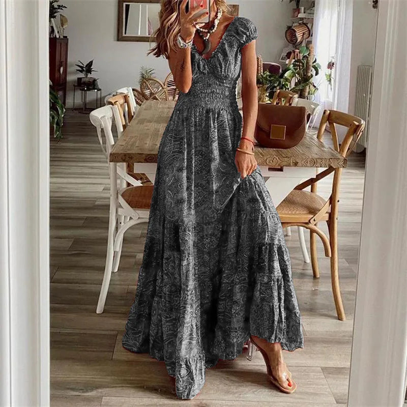 Lyra Bohemian Printed Petal Sleeve Maxi Dress