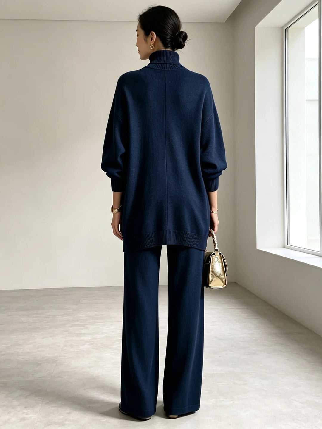 Navy blue sweater and wide leg pants set, back view