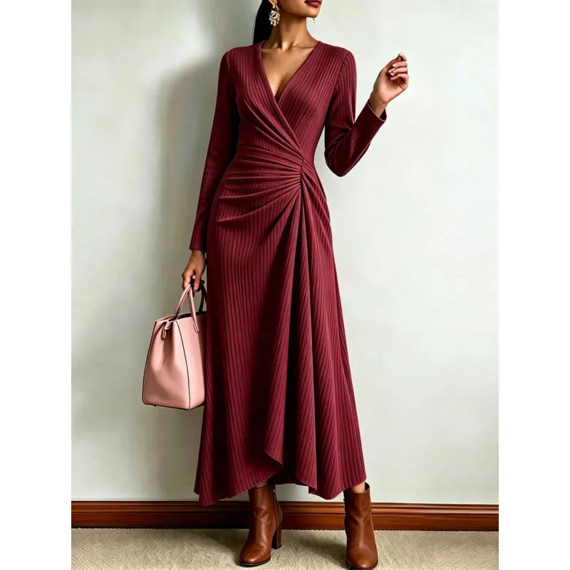 Burgundy ribbed knit wrap maxi dress with handkerchief hem, front view