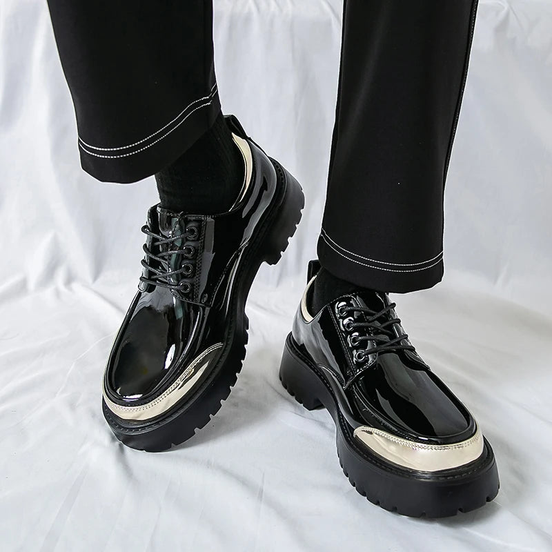Black patent Oxford shoes with metallic toe cap