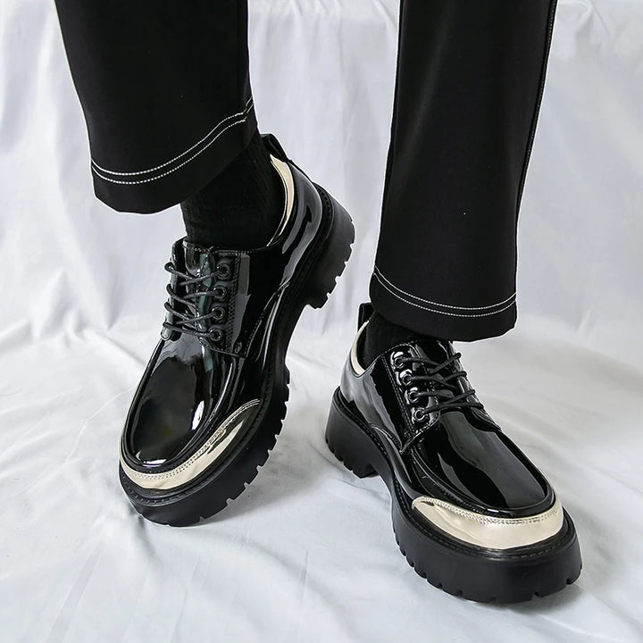 Black patent Oxford shoes with metallic toe cap