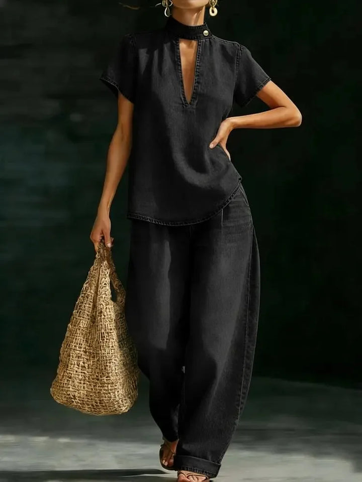 Reese Casual Denim Style Wide Leg Outfit Set