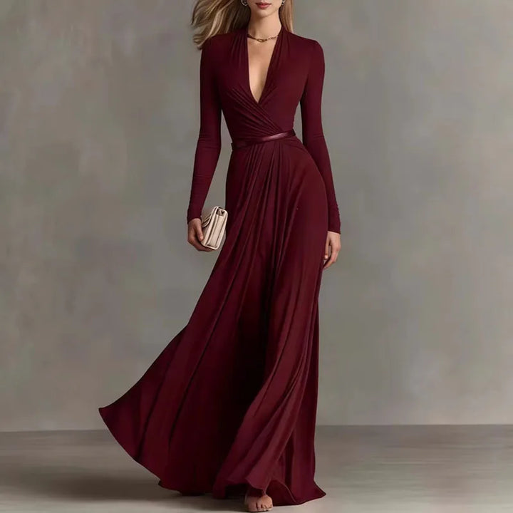 Wine red deep V-neck maxi dress with belted waist, front view