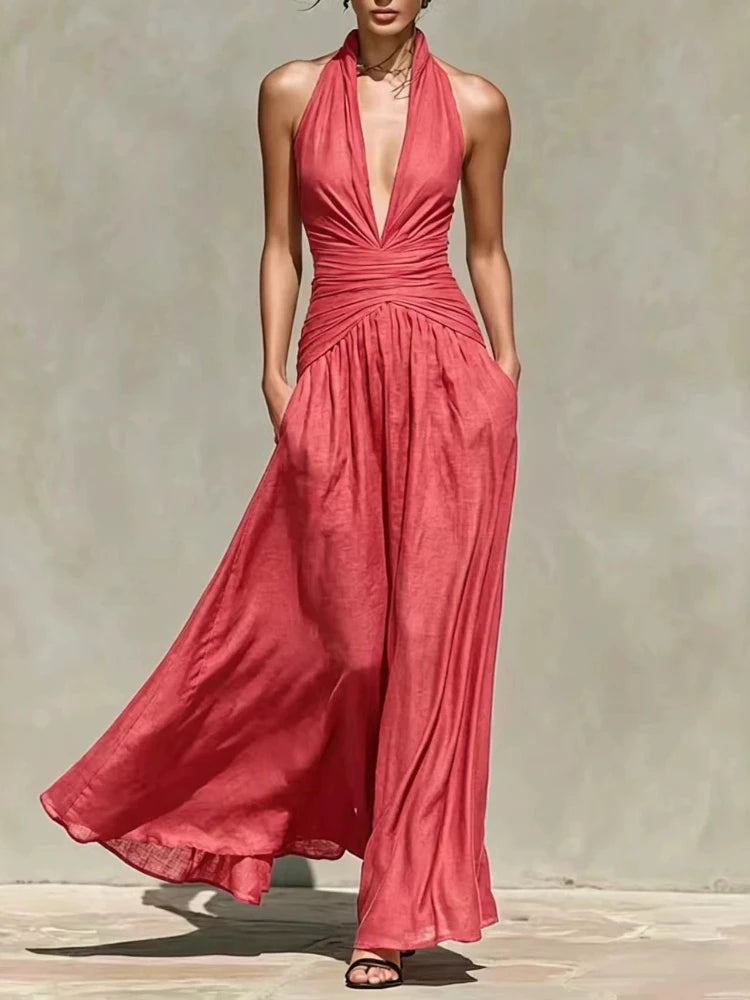 Watermelon red halter maxi dress with plunging neckline, front view