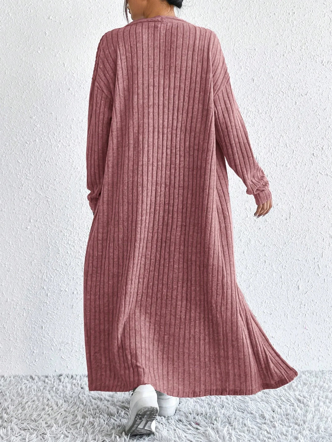Back view of pink ribbed duster cardigan and dress set
