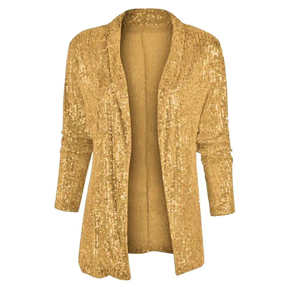 Gold sequin open-front cardigan jacket, front view