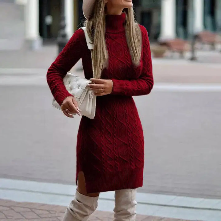 Red cable knit turtleneck sweater dress, front view