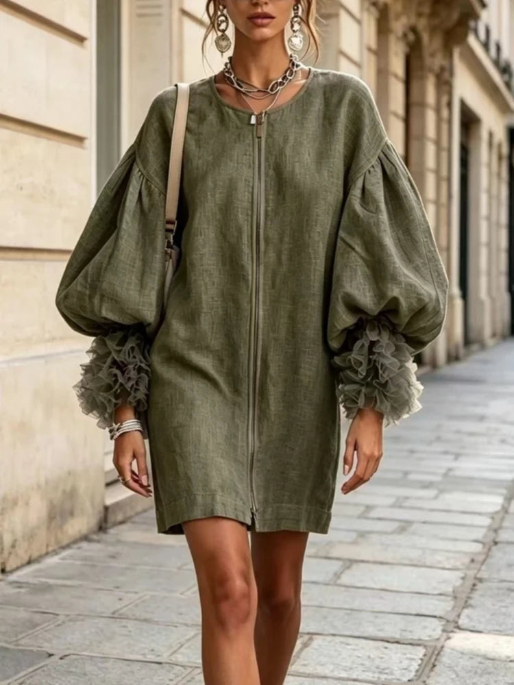Army green mini dress with balloon sleeves and ruffle cuffs