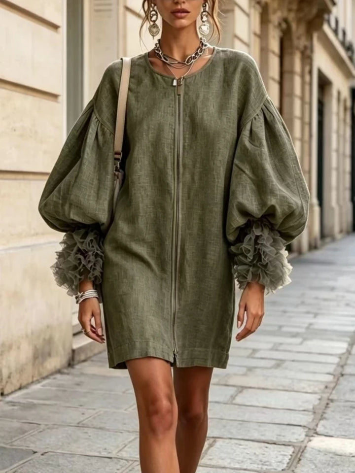 Army green mini dress with balloon sleeves and ruffle cuffs