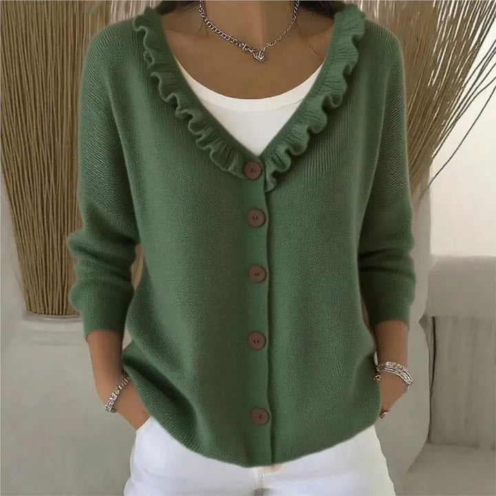 Green ruffle V-neck button front cardigan on model
