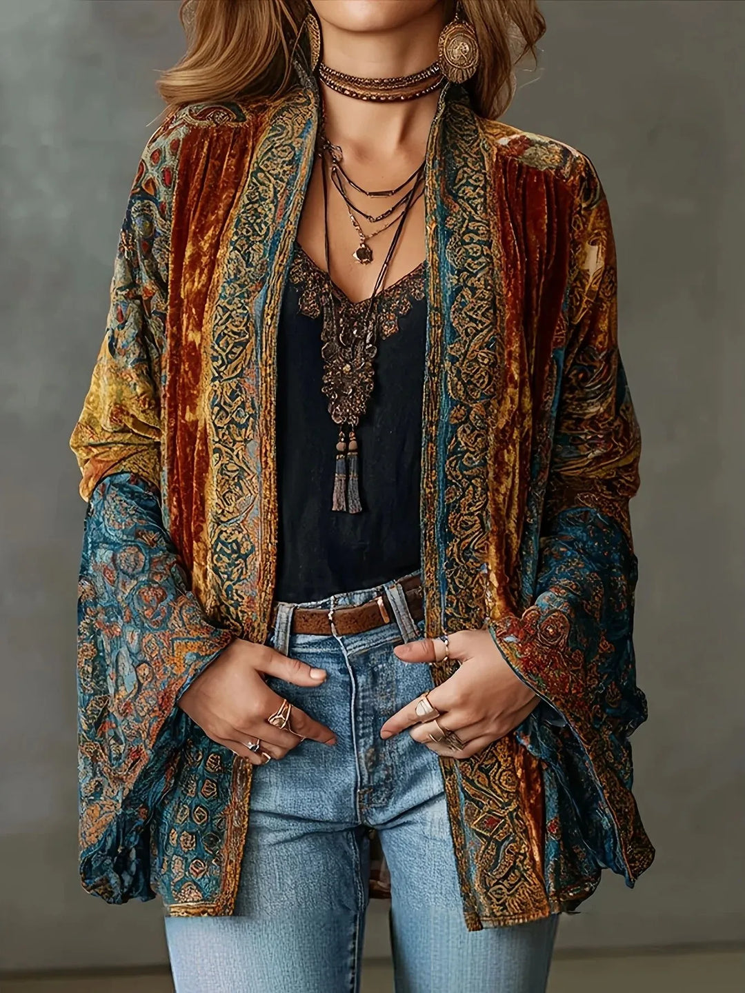 Woman wearing velvet-textured open front cardigan with patchwork border print and bell sleeves