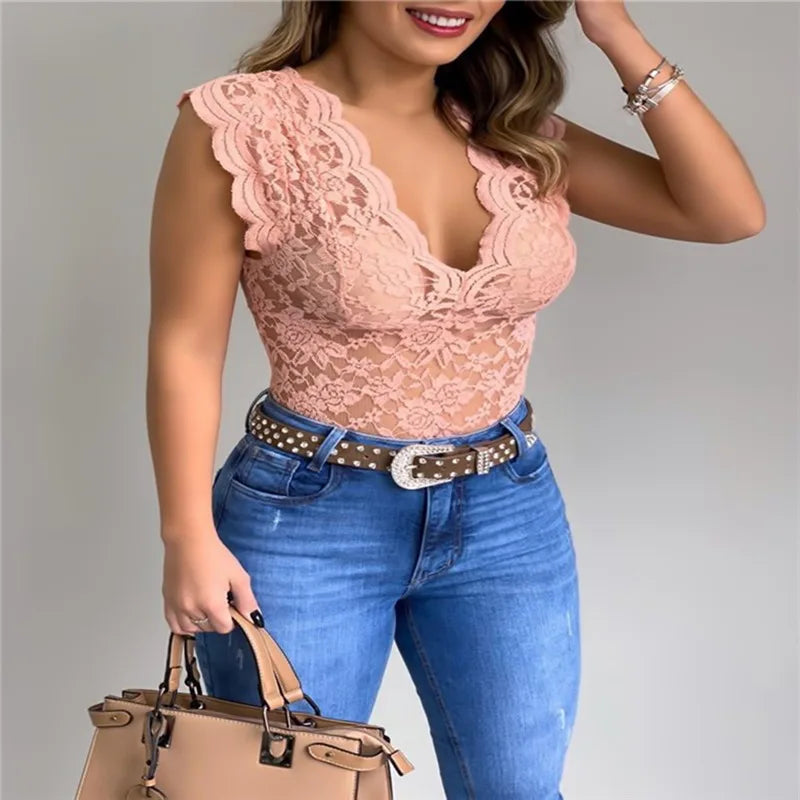 Celestine Deep V Neck Lace Top