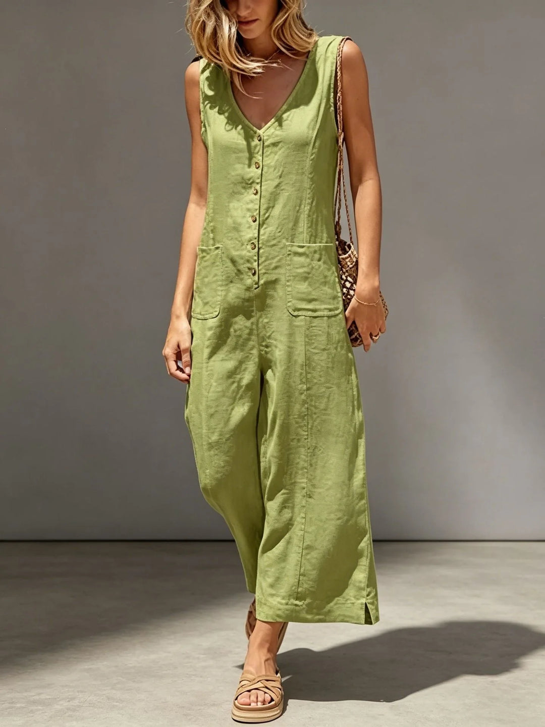 Vivian Breathable Cotton Linen Wide Leg Jumpsuit