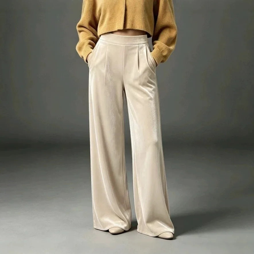 Apricot velvet wide leg pants, front view