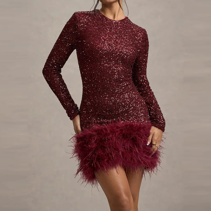 Burgundy sequin mini dress with feather hem, front view