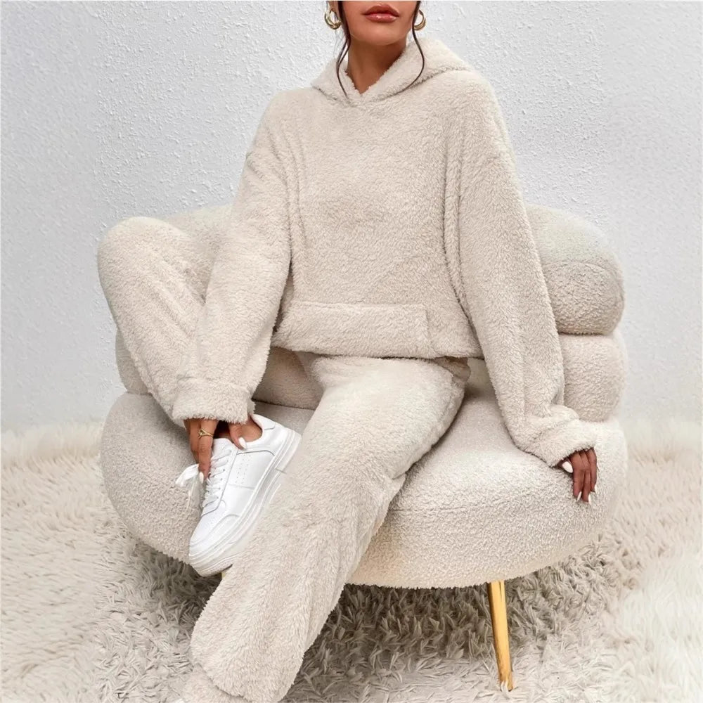 Woman wearing beige brushed fleece hooded loungewear set