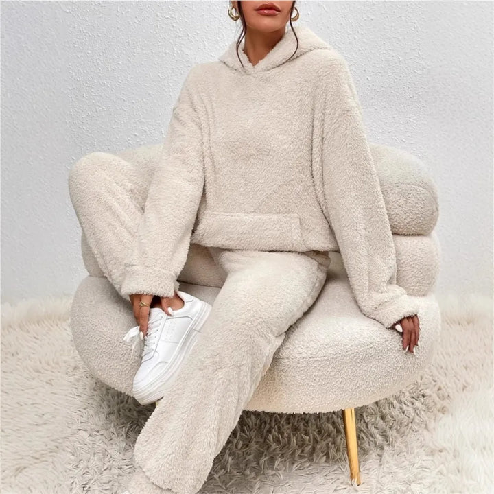Woman wearing beige brushed fleece hooded loungewear set