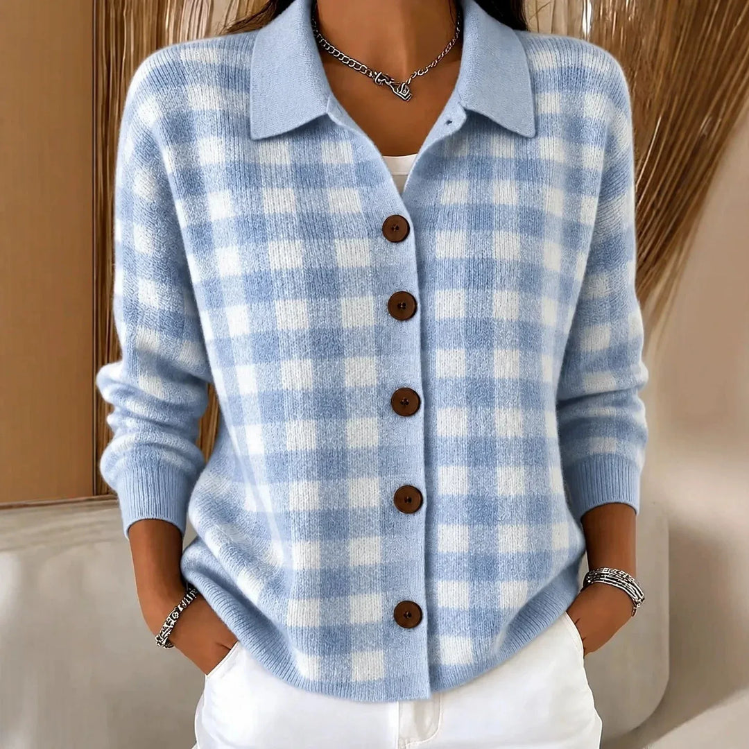 Woman wearing light blue plaid knit button-front cardigan with point collar
