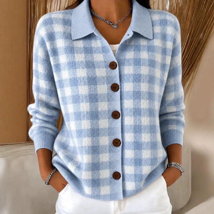 Woman wearing light blue plaid knit button-front cardigan with point collar