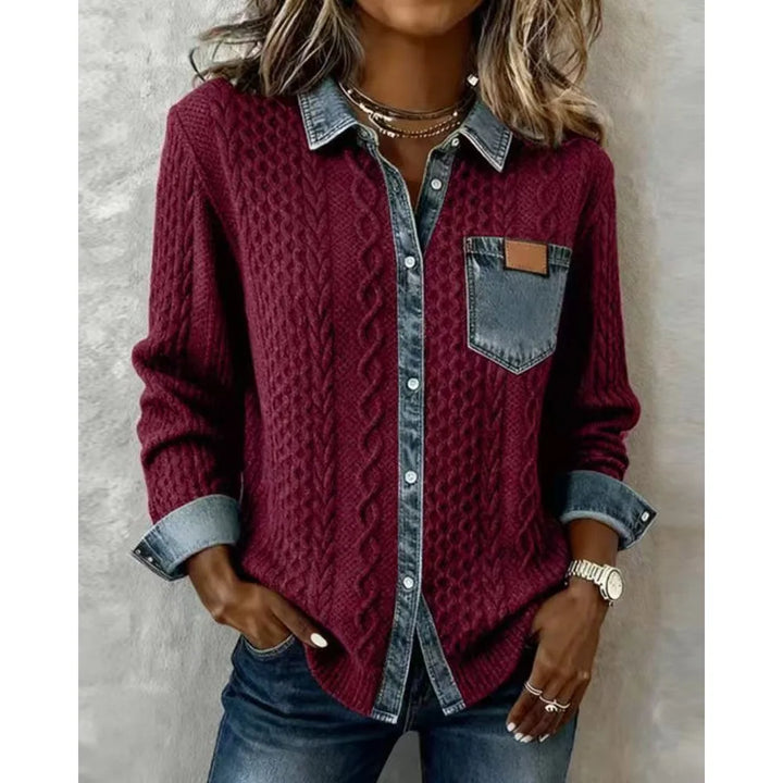 Burgundy cable knit shirt jacket with denim contrast collar and pocket