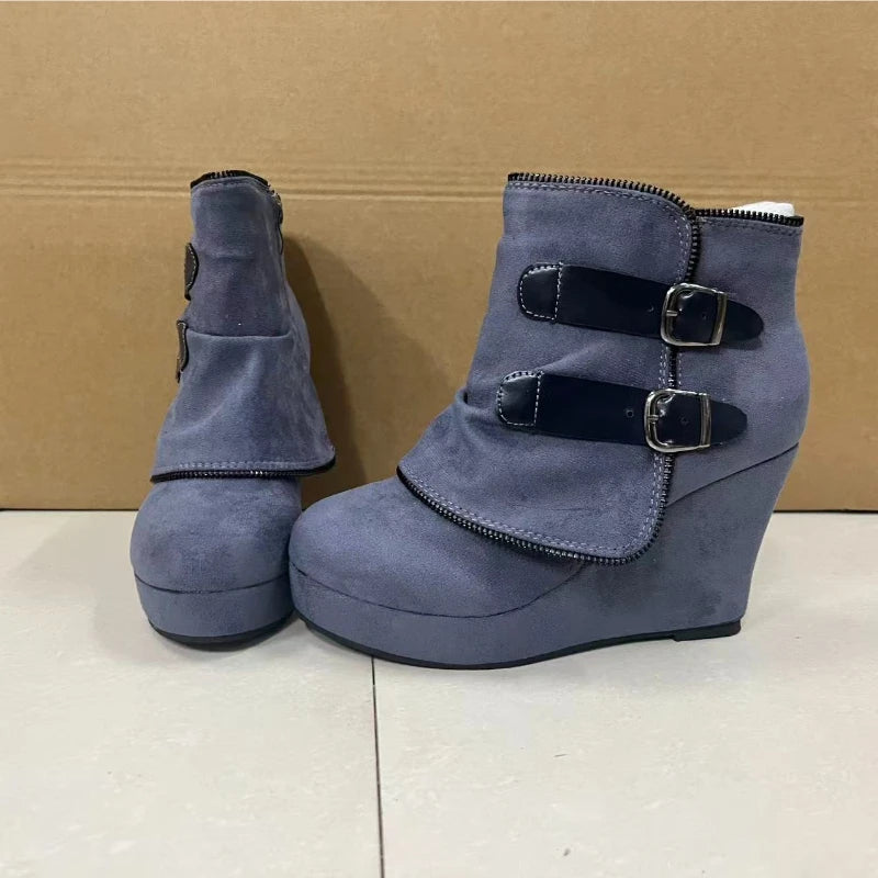 Corinne Buckle Strap Wedge Boots