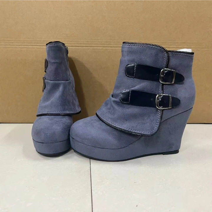 Corinne Buckle Strap Wedge Boots