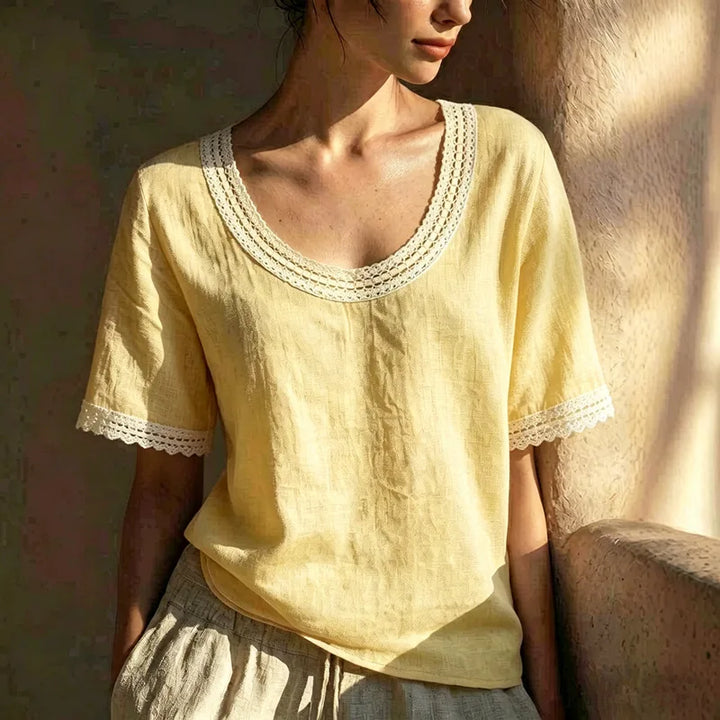 Valeria Lace Trim Linen Blouse